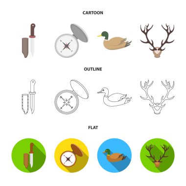 Bıçak bir kapak, bir ördek, bir geyik boynuzu, bir kapak ile bir pusula ile. Avcılık koleksiyonu Icons set çizgi film, anahat, düz stil vektör simge stok çizim web.