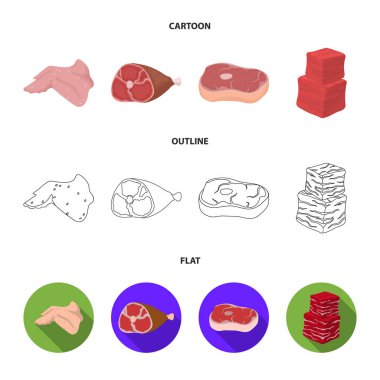 Tavuk kanatları, jambon, çiğ biftek, biftek küpleri. Et koleksiyonu Icons set çizgi film, anahat, düz stil vektör simge stok çizim web.