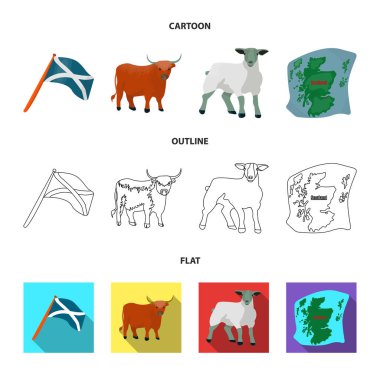 Andreev, İskoçya, boğa, koyun, İskoçya Haritası devlet bayrağı. İskoçya koleksiyonu Icons set çizgi film, anahat, düz stil vektör simge stok çizim web.