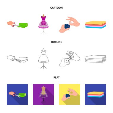 Kumaş makastan kesme kumaşlar, dikiş, el mankeni giyim için. Dikiş ve ekipman toplama Icons set çizgi film, anahat, düz stil vektör simge stok çizim web.