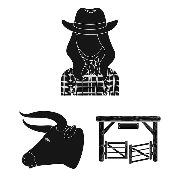 Rodeo, Wettbewerb schwarze Symbole in Set-Kollektion für Design. Cowboy und Ausrüstung Vektor Symbol Stock Web Illustration. — Stockvektor