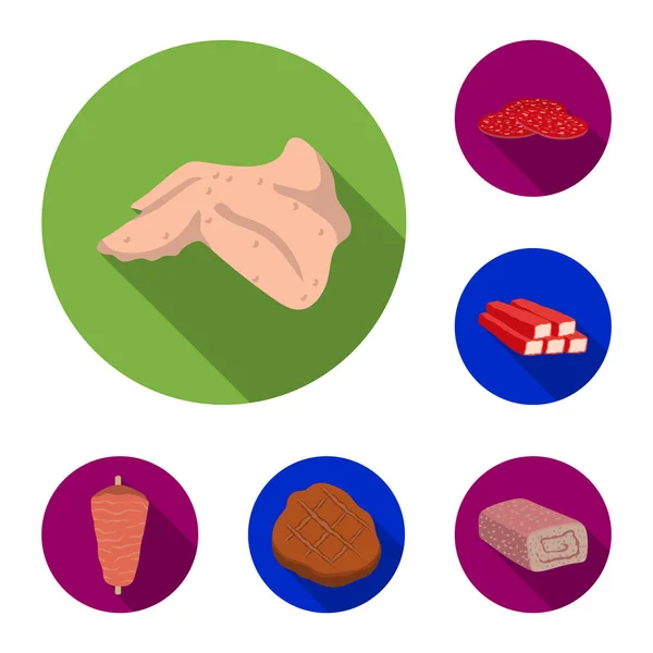 Diferentes iconos planos de carne en la colección de conjuntos para el diseño. Carne producto vector símbolo stock web ilustración . — Vector de stock