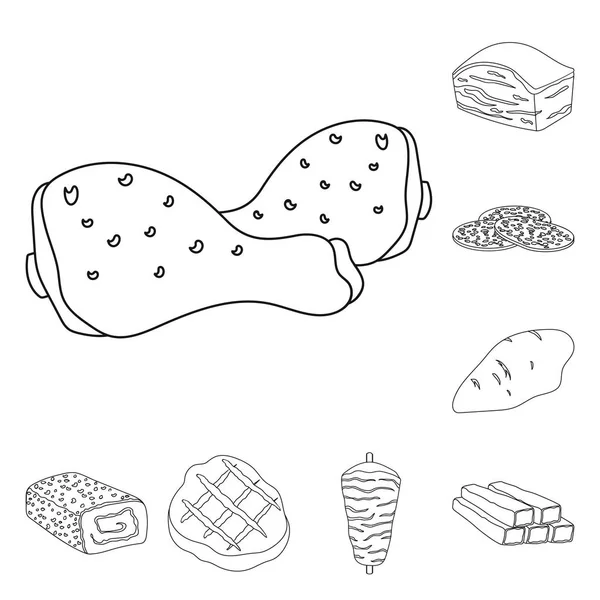 Diferentes iconos de contorno de carne en la colección de conjuntos para el diseño. Carne producto vector símbolo stock web ilustración . — Vector de stock