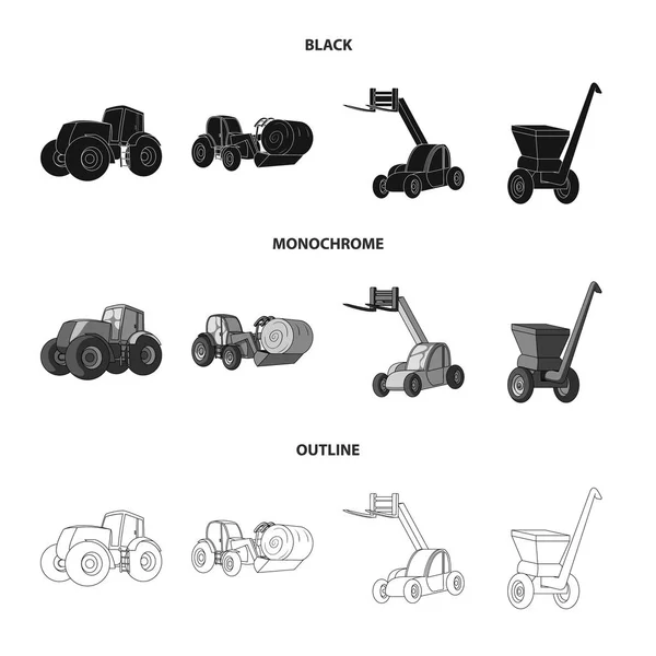 Traktor, Heuwuchtmaschine und andere landwirtschaftliche Geräte. Landmaschinen Set Sammlung Symbole in schwarz, monochrom, Umriss Stil Vektor Symbol Stock Illustration Web. — Stockvektor