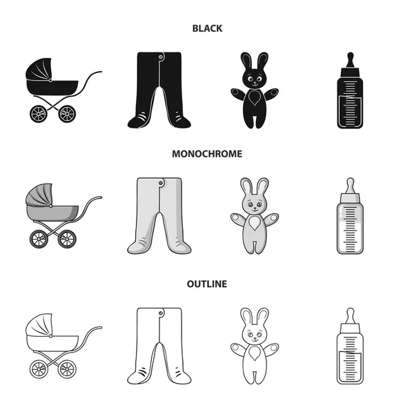 Cochecito, botella con un chupete, juguete, sliders.Baby nacido conjunto de iconos de la colección en negro, monocromo, contorno estilo vector símbolo stock ilustración web . — Vector de stock