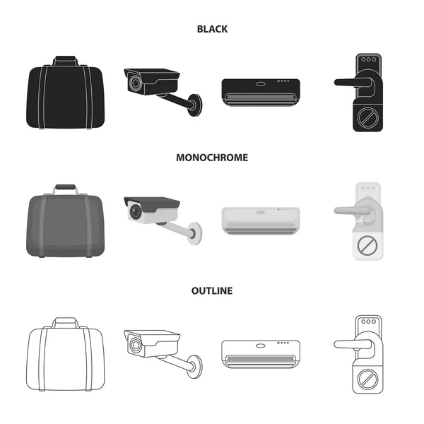 Bagages, caméra de surveillance, climatisation, ne pas déranger le sign.Hotel ensemble icônes de la collection en noir, monochrome, contour style vectoriel symbole illustration web . — Image vectorielle