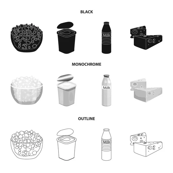 Lait, Calcium, Produit, Alimentaire. Icônes de collection de produits laitiers et sucrés en noir, monochrome, contour style vectoriel symbole illustration web . — Image vectorielle