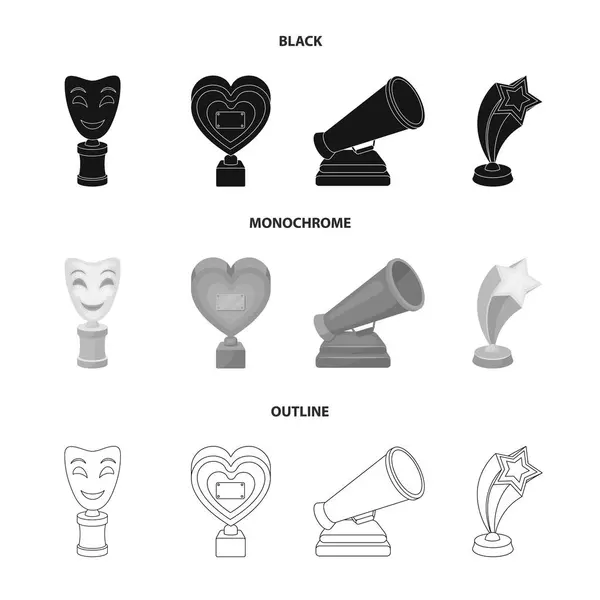 White Mask Mime for the best drama, a prize in the form of the heart and other prizes.Movie awards set collection icons in black,monochrome,outline style vector symbol stock illustration web. — Stock Vector