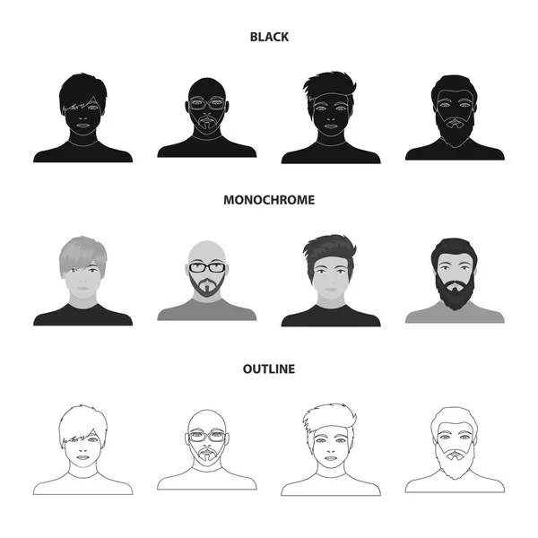 Az arc, egy kopasz ember a szemüveg és a szakáll, a szakállas férfi, a megjelenése egy srác egy frizurát. Arc és a megjelenése készlet gyűjtemény ikonok-ban fekete, fekete-fehér, vázlat stílusú vector szimbólum raktáron — Stock Vector