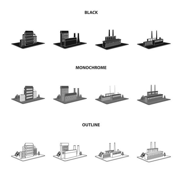 처리 공장, 금속 공장입니다. 공장 및 산업 블랙, 흑백, 개요 스타일 아이소메트릭 벡터 기호 재고 일러스트 웹 컬렉션 아이콘을 설정. — 스톡 벡터