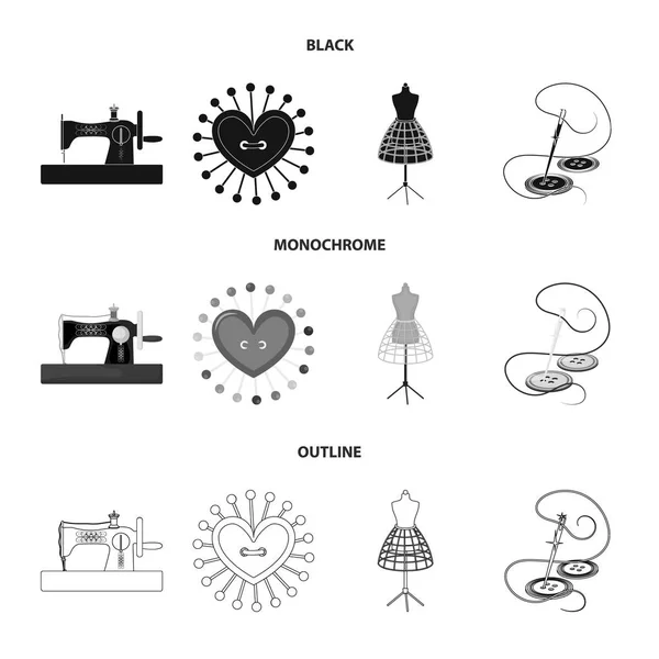 Aguja e hilo, máquina de coser, cojín, maniquí para ropa. Iconos de colección de conjuntos de costura y equipo en negro, monocromo, contorno estilo vector símbolo stock ilustración web . — Vector de stock