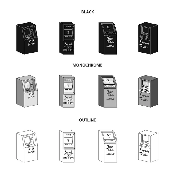 Bancomat per contanti, terminale per il pagamento, biglietteria automatica. Terminali set icone di raccolta in nero, monocromatico, stile contorno isometrico vettoriale simbolo stock illustrazione web  . — Vettoriale Stock