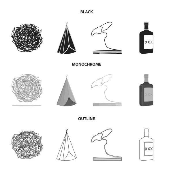 Roll-field, indio wigwam, lasso, botella de whisky. Wild West set colección iconos en negro, monocromo, contorno estilo vector símbolo stock ilustración web . — Vector de stock