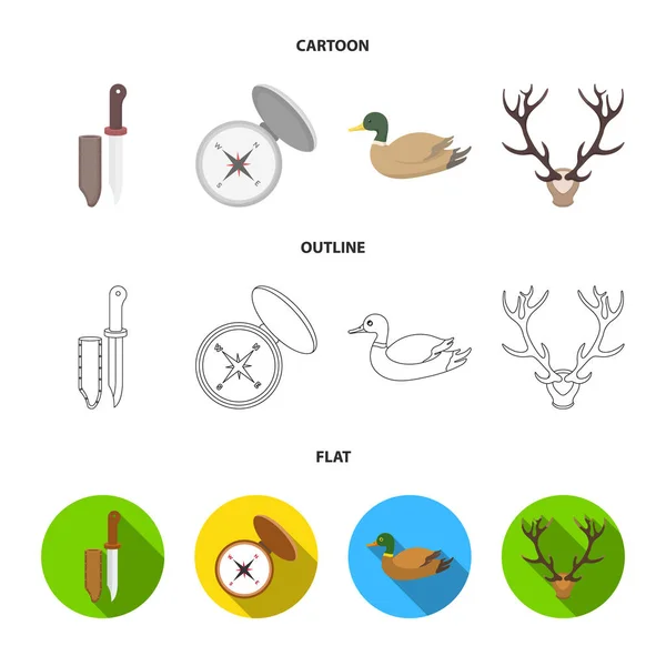 Coltello con coperchio, anatra, corno di cervo, bussola con coperchio.Set da caccia icone di raccolta in cartone animato, contorno, stile piatto vettoriale simbolo stock illustrazione web . — Vettoriale Stock