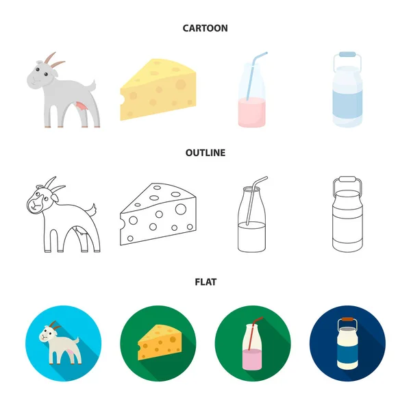 Ziege, ein Stück Käse und andere Produkte. Milch Set Sammlung Symbole in Cartoon, Umriss, flachen Stil Vektor Symbol Stock Illustration Web. — Stockvektor