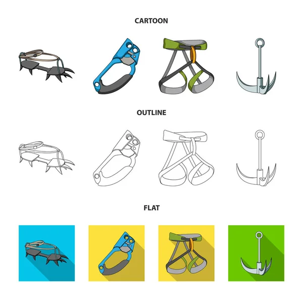 Gancho, arnés de montañero, seguros y otros equipos.Montañismo conjunto colección iconos en dibujos animados, contorno, estilo plano símbolo vectorial stock ilustración web . — Archivo Imágenes Vectoriales