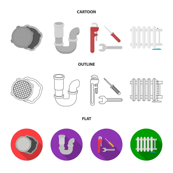 Sewage hatch, tool, radiator.Plumbing set collection icons in cartoon, outline, flat style vector symbol stock illustration web . — стоковый вектор