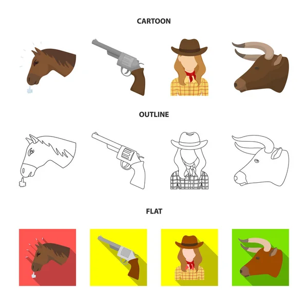 马头, 公牛头, 左轮手枪, 牛仔女孩。牛仔套装集合图标在卡通, 轮廓, 平面风格矢量符号股票插画网站. — 图库矢量图片