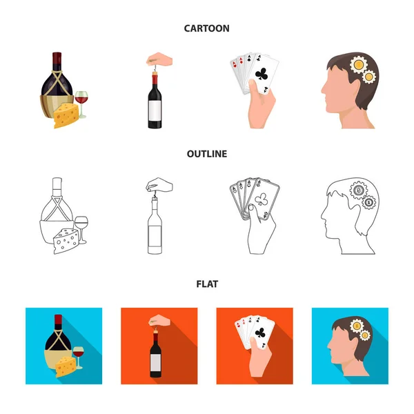 Botella, una copa de vino y queso, taponamiento con un sacacorchos y otro icono de la web en dibujos animados, contorno, estilo plano. Una combinación de cartas en la mano, una cabeza de personas y un generador de ideas iconos en el conjunto — Vector de stock