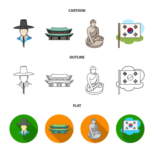 Coreano en tocado nacional, monasterio coreano, estatuilla de Buda, bandera nacional. Corea del Sur conjunto de iconos de colección en dibujos animados, contorno, vector de estilo plano símbolo stock ilustración web . — Vector de stock