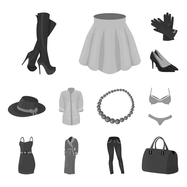 Damesmode zwart-wit pictogrammen in set collectie voor design. Variëteiten van de kleding en accessoires symbool voorraad web vectorillustratie. — Stockvector