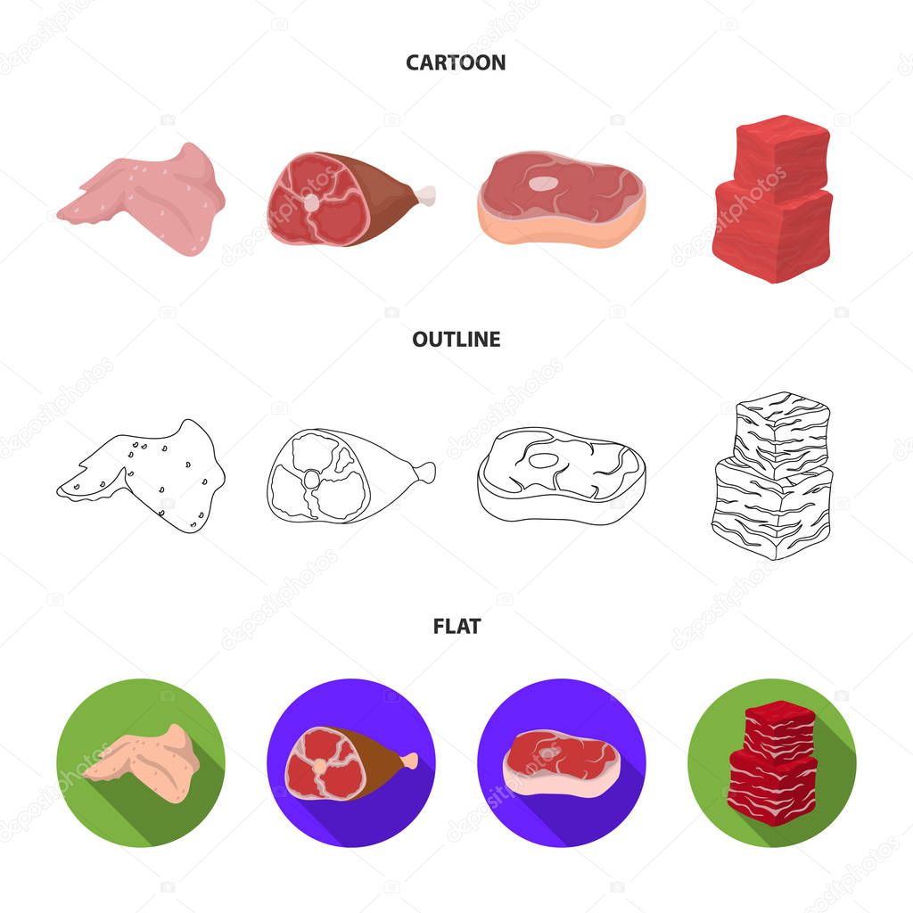 Chicken wings, ham, raw steak, beef cubes. Meat set collection icons in cartoon,outline,flat style vector symbol stock illustration web.