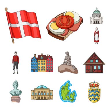 Set koleksiyonu tasarım için ülke Danimarka karikatür simgeler. Seyahat ve etkinlikler Danimarka sembol stok web illüstrasyon vektör.