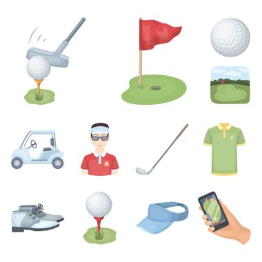 Golf ve öznitelikleri set koleksiyonu tasarım için simgeleri karikatür. Golf Kulübü ve ekipman sembol stok web illüstrasyon vektör.