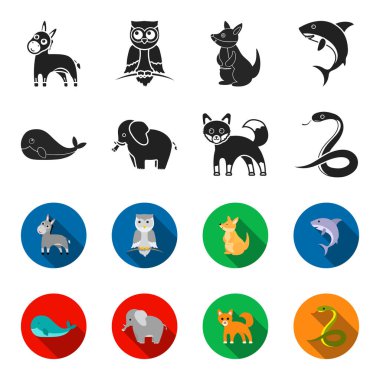 Balina, fil, yılan, fox. Hayvan toplama simgeler siyah, flet stil vektör simge stok çizim web içinde ayarla..