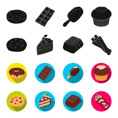 Amerikan kurabiye, kek, şeker, gofret tübül bir parçası. Çikolatalı tatlılar toplama simgeler siyah, flet stil vektör simge stok çizim web içinde ayarla..