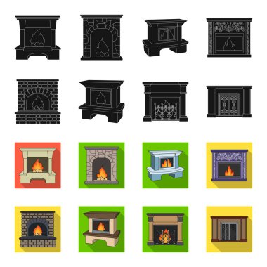 Yangın, sıcaklık ve konfor. Şömine toplama simgeler siyah, flet stil vektör simge stok çizim web içinde ayarla..