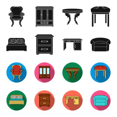 İç, tasarımı, yatak, yatak odası. Siyah, flet stil vektör simge stok çizim web mobilya ve ev interiorset toplama simgeler.