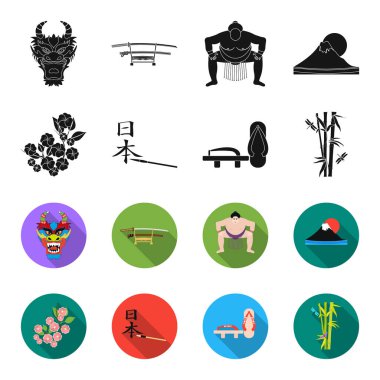 Geta, sakura çiçekler, bambu, hiyeroglif. Japonya toplama simgeler siyah, flet stil vektör simge stok çizim web içinde ayarla..