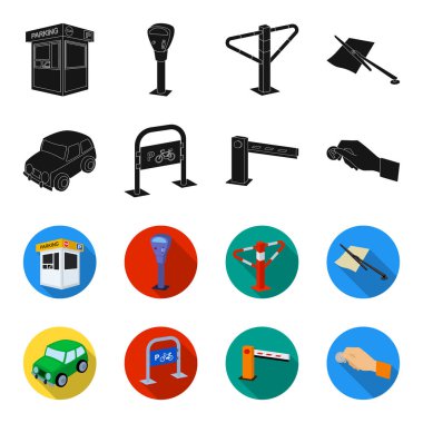 Araban, bariyer, Bisiklet park yeri, para el için ödeme Park. Buraya park edilmez toplama simgeler siyah, flet stil vektör simge stok çizim web içinde ayarla..