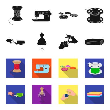 Kumaş makastan kesme kumaşlar, dikiş, el mankeni giyim için. Dikiş ve ekipman toplama simgeler siyah, flet stil vektör simge stok çizim web ayarla.