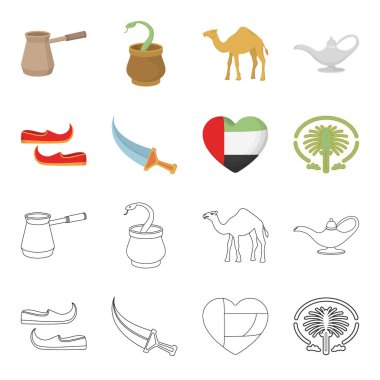 Doğu ayakkabı, hançer, emirates, kalbinde Palm Jumeirah.Arab Emirlikleri çizgi film, anahat stili vektör simge stok çizim web simgeler ayarla.