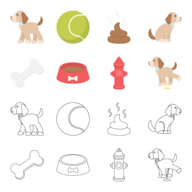 Bir kemik, bir yangın musluğu, bir kase gıda, pissing bir köpek. Köpek toplama simgeler çizgi film, anahat stili vektör simge stok çizim web ayarla..