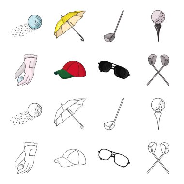 Bir top, kırmızı şapka, güneş gözlüğü, iki kulüp ile golf oynamak için bir eldiven. Golf Kulübü çizgi film, anahat stili vektör simge stok çizim web simgeler ayarla.