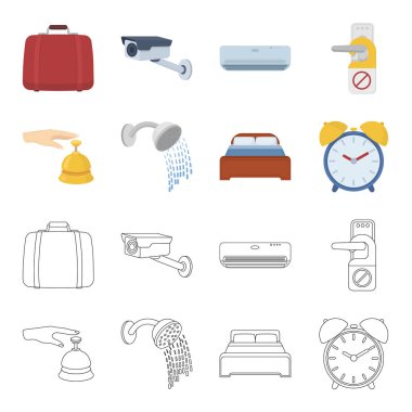 Resepsiyon, çalar saat, yatak, duş, arayın. Otel çizgi film, anahat stili vektör simge stok çizim web simgeler ayarla.