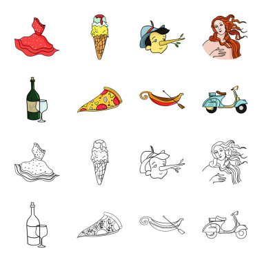 Bir şişe şarap, bir parça pizza, bir gundola, bir scooter. İtalya toplama simgeler çizgi film, anahat stili vektör simge stok çizim web ayarla..