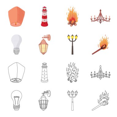 LED ışık, sokak lambası, aynı. Çizgi film, anahat stili vektör simge stok çizim web simgeler ışık kaynağı ayarla.