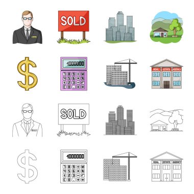 Hesap makinesi, dolar işareti, yeni bina, Emlak Ofisleri. Emlakçı toplama simgeler çizgi film, anahat stili vektör simge stok çizim web ayarla..