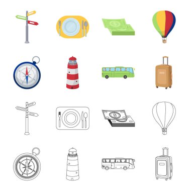 Tatil, seyahat, deniz feneri, pusula. Dinlenmek ve küme toplama simgeler karikatür, anahat stili vektör simge stok çizim web seyahat.