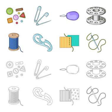 Bir makara ile konu, bir iğne, bir curl, kumaş dikiş. Dikiş veya araçları terzilik çizgi film, anahat stili vektör simge stok çizim web simgeler ayarla.