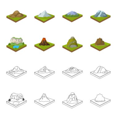 Dağlar, kayalar ve peyzaj. Yardım ve dağlar çizgi film, anahat stili izometrik vektör simge stok çizim web simgeler ayarla.