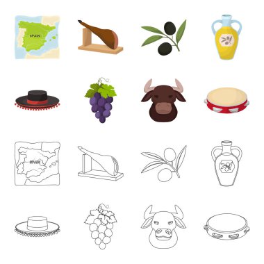 Todeador, matador, bir avuç üzüm ile yumruk, bir boğa için İspanyol boğa güreşi, bir tef şapka. İspanya ülke toplama simgeler çizgi film, anahat stili vektör simge stok ayarla.