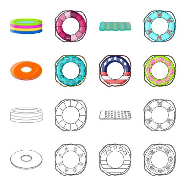 Çok renkli Yüzme çizgi film, set koleksiyonu tasarım için anahat simgelerini daire içine alın. Farklı lifebuoys sembol stok web illüstrasyon vektör.