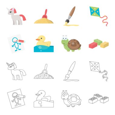 Çocuk çizgi film, set koleksiyonu tasarım için anahat simgelerini oyuncak. Oyun ve önemsiz şey sembol stok web illüstrasyon vektör.