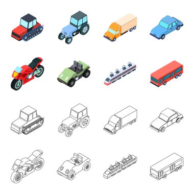 Motosiklet, golf arabası, tren, otobüs. Çizgi film, anahat stili vektör simge stok çizim web simgeler taşıma kümesi.