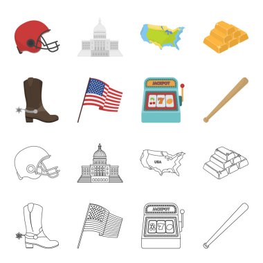 Kovboy çizmeleri, ulusal bayrak, slot makinesi, beyzbol sopası. ABD ülke toplama simgeler çizgi film, anahat stili vektör simge stok çizim web ayarla..